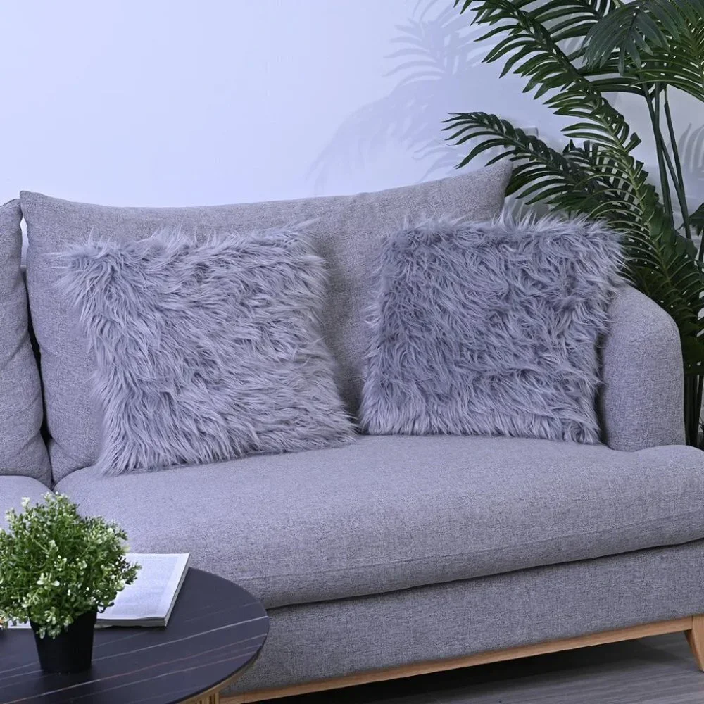 Set of 2 Faux Fur Cushion Cover Grey